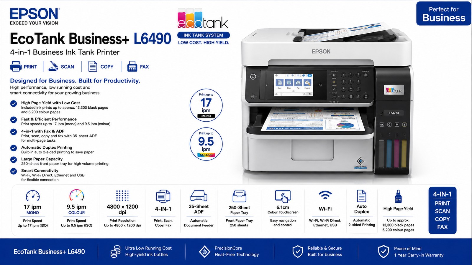 Epson EcoTank Business+ L6490 4-in-1 Ink Tank Printer, Print Scan Copy Fax, 17ipm, Auto Duplex, 35-Sheet ADF, Wi-Fi, Ethernet, 6.1cm Touchscreen | C11CJ88404DA